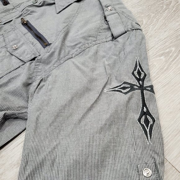 Roar Mens Gray Embroidered Shoulder Strap Pearl Snap Button Front Shirt Size XL - Picture 5 of 10